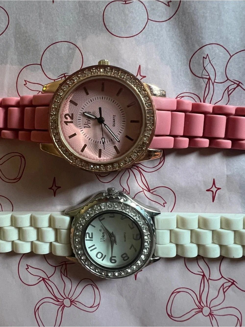 Viviani Pink and Cream Rhinestone Watches - Set of 2